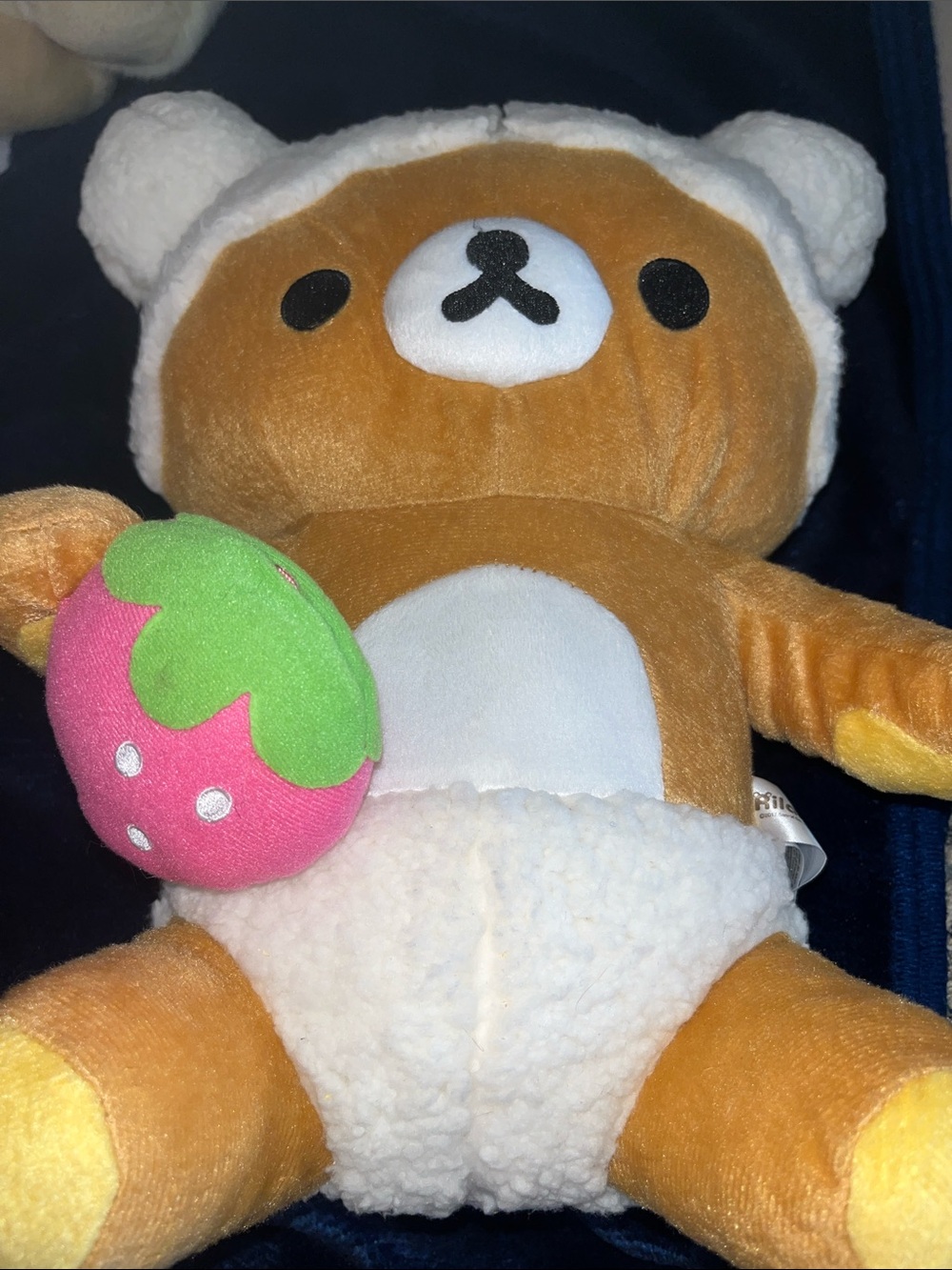 Brown Plush Bear with White Outfit and Pink Strawberry Accessory